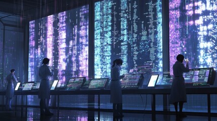 A genetics lab with scientists examining DNA sequences displayed on digital panels.