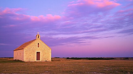 Lonely chapel at sunset in a vast field.