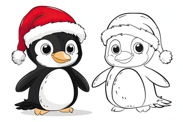 Fototapeta premium Black-and-white Christmas coloring page and its vibrant colored version for kids