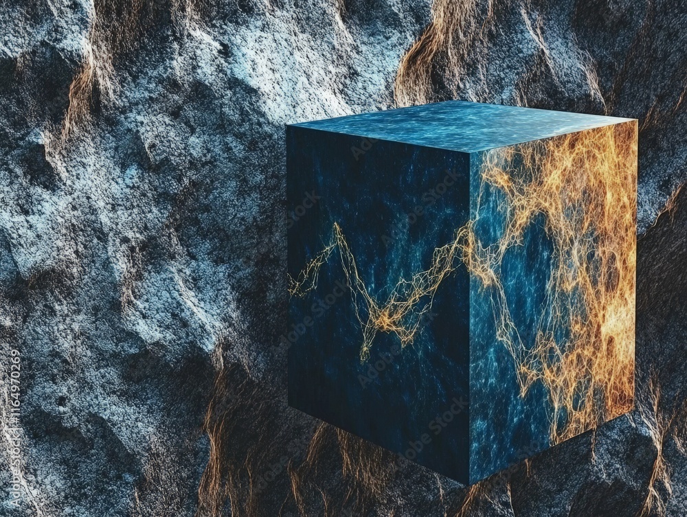 Poster A glowing cube with intricate patterns set against a textured background.