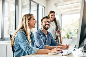 Three coworkers smiling, collaborating on a project in a bright, modern office. Casual attire, cheerful atmosphere, teamwork concept. Ai generative