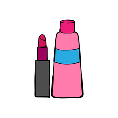 Hand drawn lipstick and makeup kit illustration isolated. Suitable for presentation, web, graphic design needs 