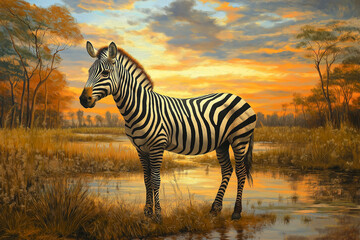 Painting of a zebra standing in water at sunset in the african savanna, a serene and beautiful wildlife scene