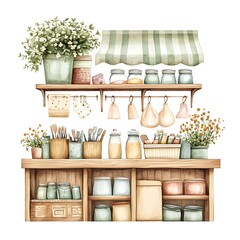 Watercolor illustration of a rustic wooden pantry with shelves, jars, flowers, and reusable bags, ideal for kitchen, home decor, or zero-waste lifestyle designs.