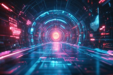 Obraz premium Futuristic Digital Design with Neon Glow, Geometric Patterns, and Technology