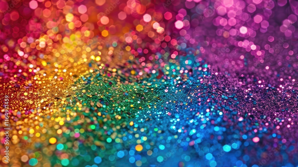 Poster a vibrant display of colorful glitter reflecting light in a rainbow spectrum.