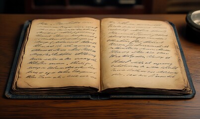 Obraz premium Open antique book with aged pages and handwritten text on wooden table.