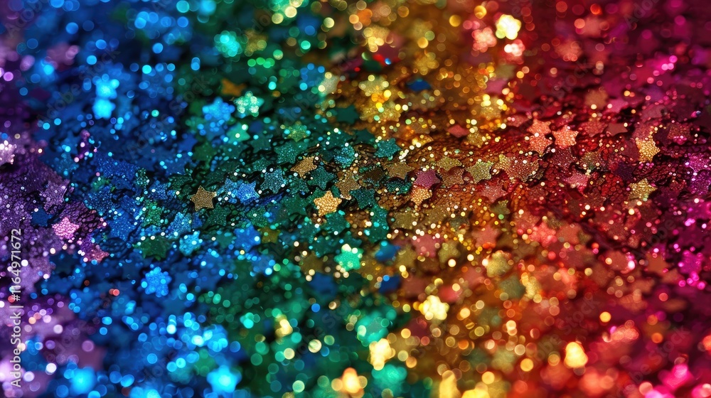 Poster a vibrant array of colorful star-shaped glitter scattered across a surface.