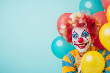 Clown with colorful wig and makeup holding balloons, smiling on light blue background, celebrating a party