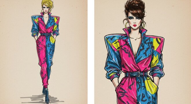 80s fashion illustration: vibrant jumpsuit with bold patterns and retro style