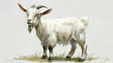 Fototapeta premium A fluffy white goat standing on grass, showcasing its playful expression.