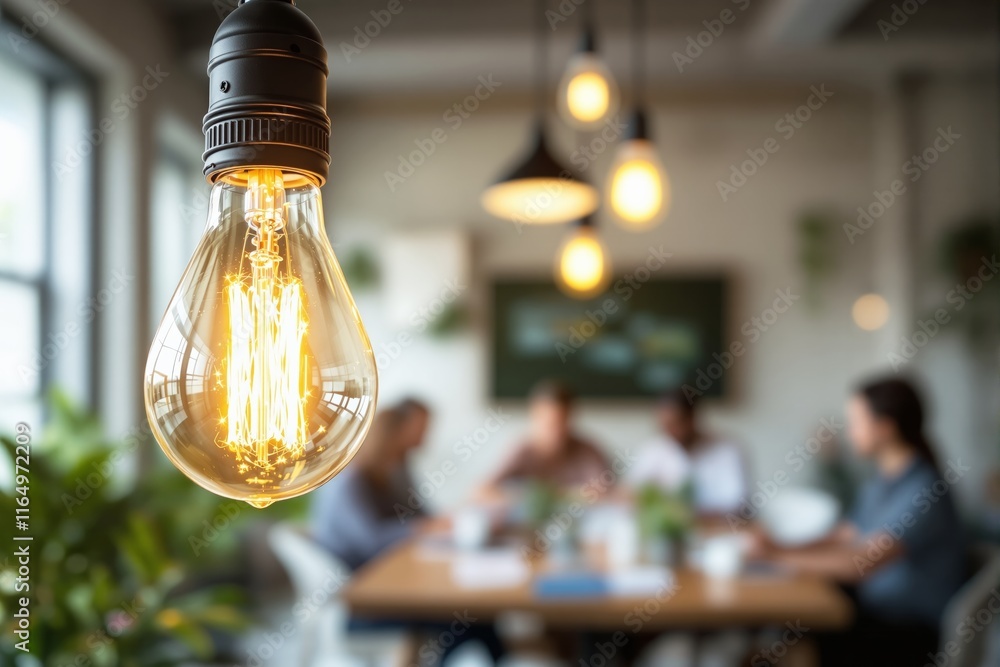 Poster close-up of a glowing light bulb in focus with a blurred background of an office environment and tea