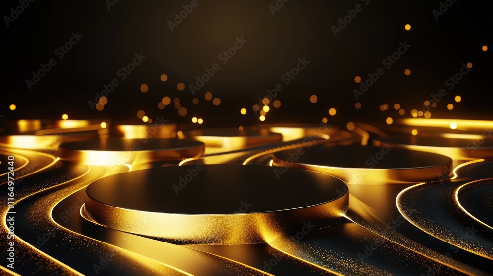 Poster a sleek, golden abstract background with flowing lines and glowing particles.