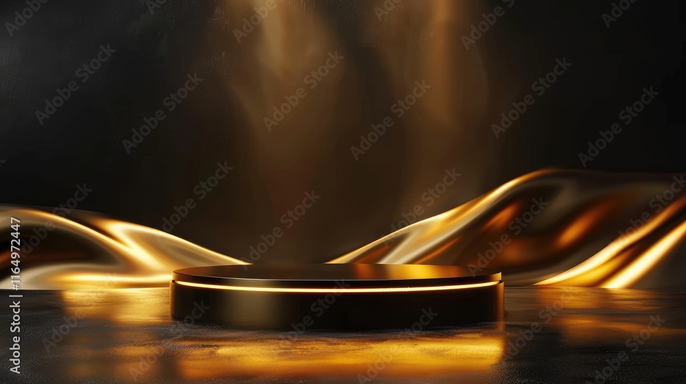 Poster a glowing circular platform with golden waves in a dark setting.