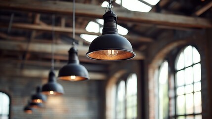 A close-up of industrial lighting fixtures hanging from the high ceiling of a repurposed factory-turned-loft