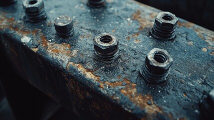 A close-up of rust-covered bolts and metal plates on an old industrial machine, styled in gritty and textured tones