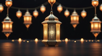 A delicate Ramadan decorative lantern, with a sharp and soft plain black background that highlights the intricate details of the subject.