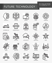 Future Technology black outline icons set. contain AI, algorithm, cloud, genome, nanobot, robot and more. Vector EPS 10 for print, digital UI, UX kit, web and app development for technology, education