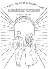 Couple walking on the street and relaxing on the beach in a fashionable, loving moment with Biblical coloring page