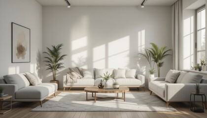 Fototapeta premium Bright and spacious living room with a white sofa and green plants, creating a fresh and inviting atmosphere, ideal for modern interior design or lifestyle projects.