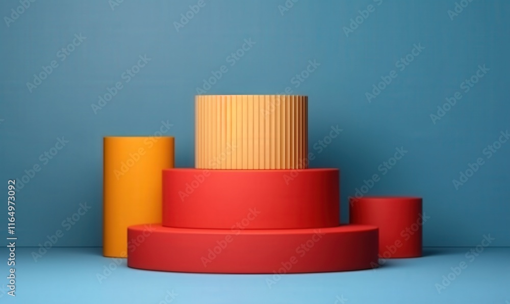 Poster abstract 3d room with colorful geometric shapes in various sizes and arrangements showcasing modern 