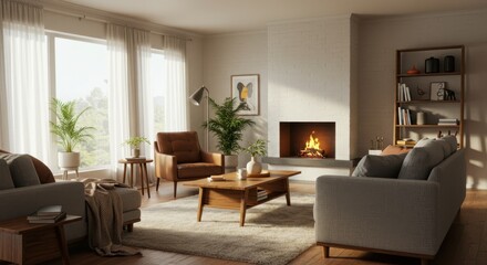 Fototapeta premium Cozy modern living room with fireplace and mid-century furnishings
