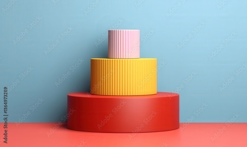 Aufkleber abstract 3d room with colorful geometric shapes on a red surface against a blue background for creat