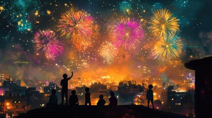 A colorful Diwali fireworks display lighting up the night sky, styled with silhouettes of families watching from rooftops