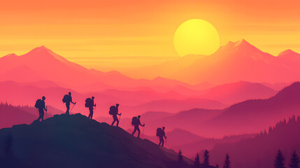 the journey of a group of climbers at sunset