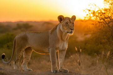 Majestic lioness standing on a rock in the african savanna at sunset, creating a stunning silhouette against the golden sky