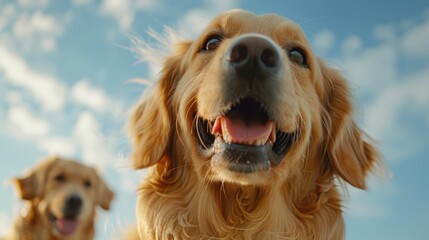 Two happy golden retrievers enjoying a sunny day outdoors.