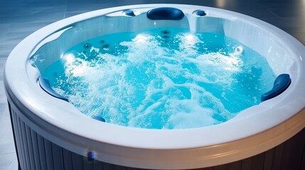 Fototapeta premium A modern hot tub with bubbling water and ambient lighting for relaxation and leisure.