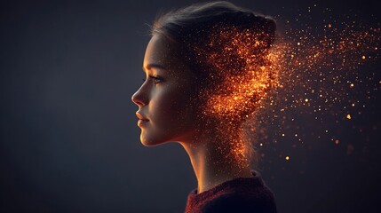 Profile of young woman with fiery sparks.