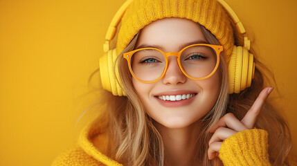 A woman wearing yellow glasses and a yellow hat is smiling