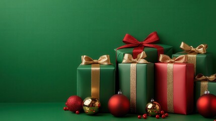 [Christmas Gift Arrangement Ideas] Festive Christmas Gift Display on Red Background with Green Trees and Ribbons