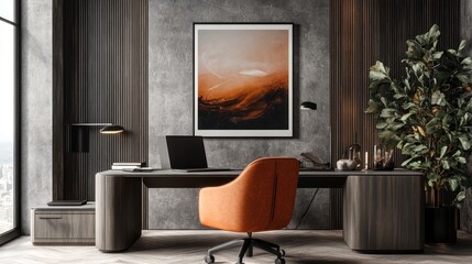 Modern Home Office with Artistic Landscape Print