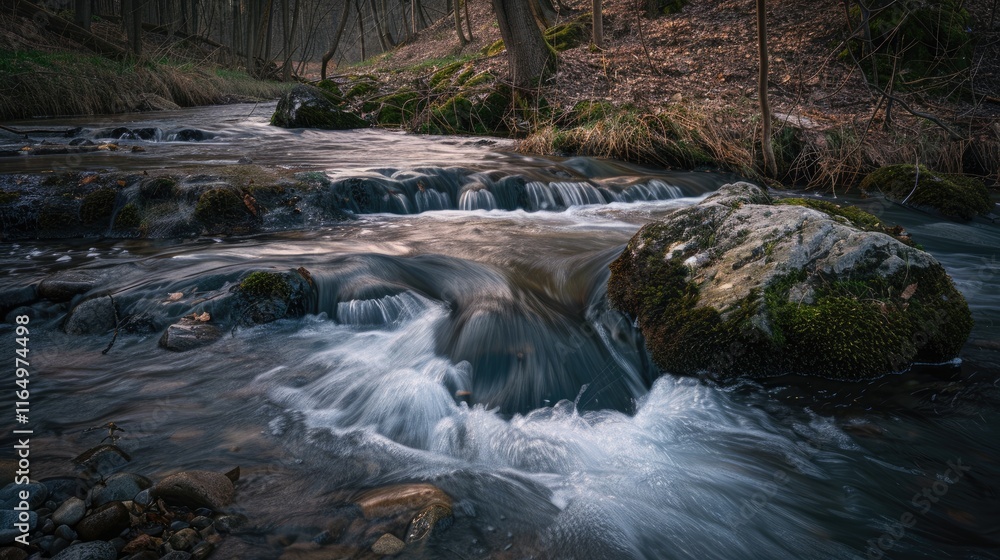 Poster A tranquil stream flows over rocks in a serene forest setting.