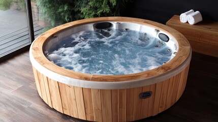 A wooden hot tub filled with bubbling water, designed for relaxation and leisure.