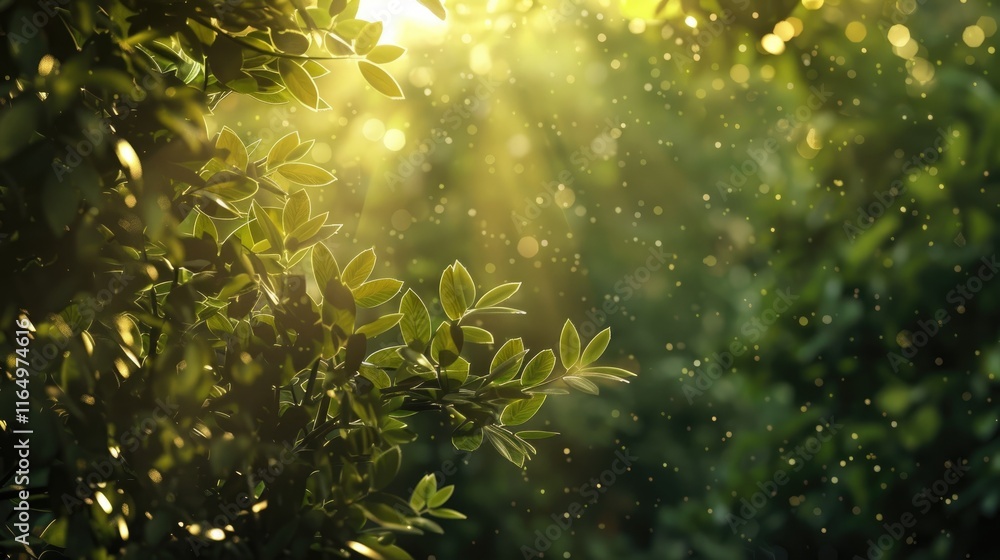 Poster sunlight filtering through leaves, creating a serene and magical atmosphere in nature.