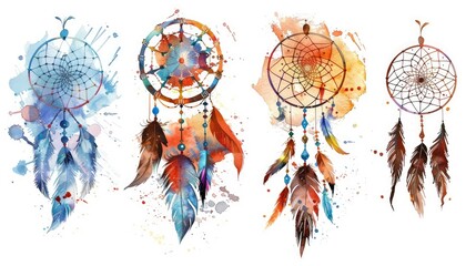 Four colorful dreamcatchers with feathers and beads, symbolizing protection and dreams.