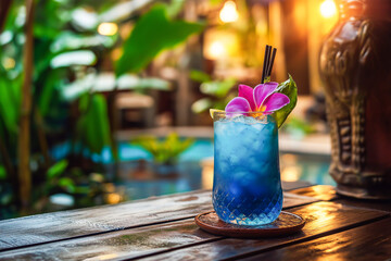 Refreshing blue cocktail garnished with a vibrant flower and ice cubes, served on a wooden table by a tranquil swimming pool in a tropical setting