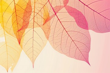 Closeup of several translucent leaves in warm autumnal colors. Delicate veins are visible, creating a delicate and artistic effect. Soft background.