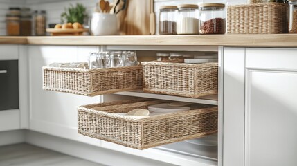 A creative storage solution featuring floating shelves, woven baskets, and a hidden pull-out cabinet in a minimalist kitchen