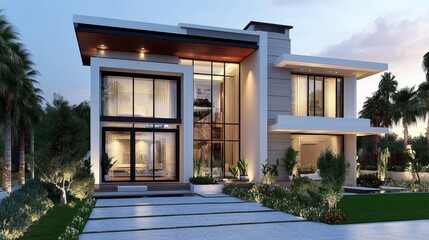 Modern architectural design of a stylish house with landscaped surroundings.