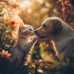 kitten and puppy sharing tender moment in flower garden, surrounded by vibrant blooms