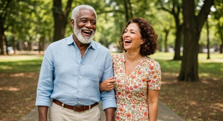 Obraz premium Joyful senior couple laughing together in lush park setting