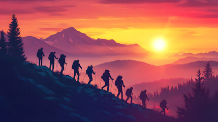 group of climbers at sunset