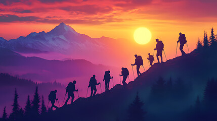 Fototapeta premium group of climbers at sunset