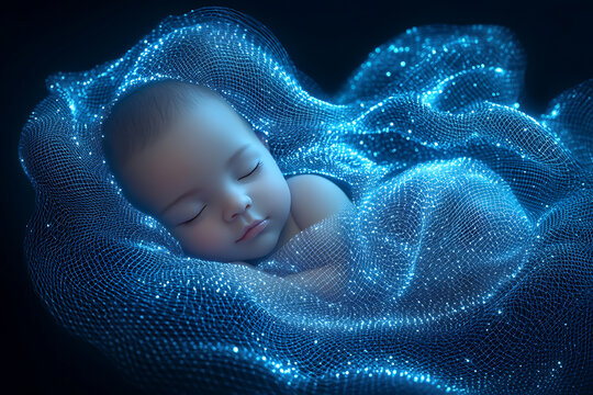 A serene newborn baby wrapped in a soft blanket, created in low-poly style with a polygonal mesh wireframe.  symbolizing peace and newborn care. Perfect for parenting websites or childcare app UI