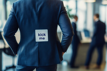 Office prank playing on unsuspecting businessman with a kick me sign on his back